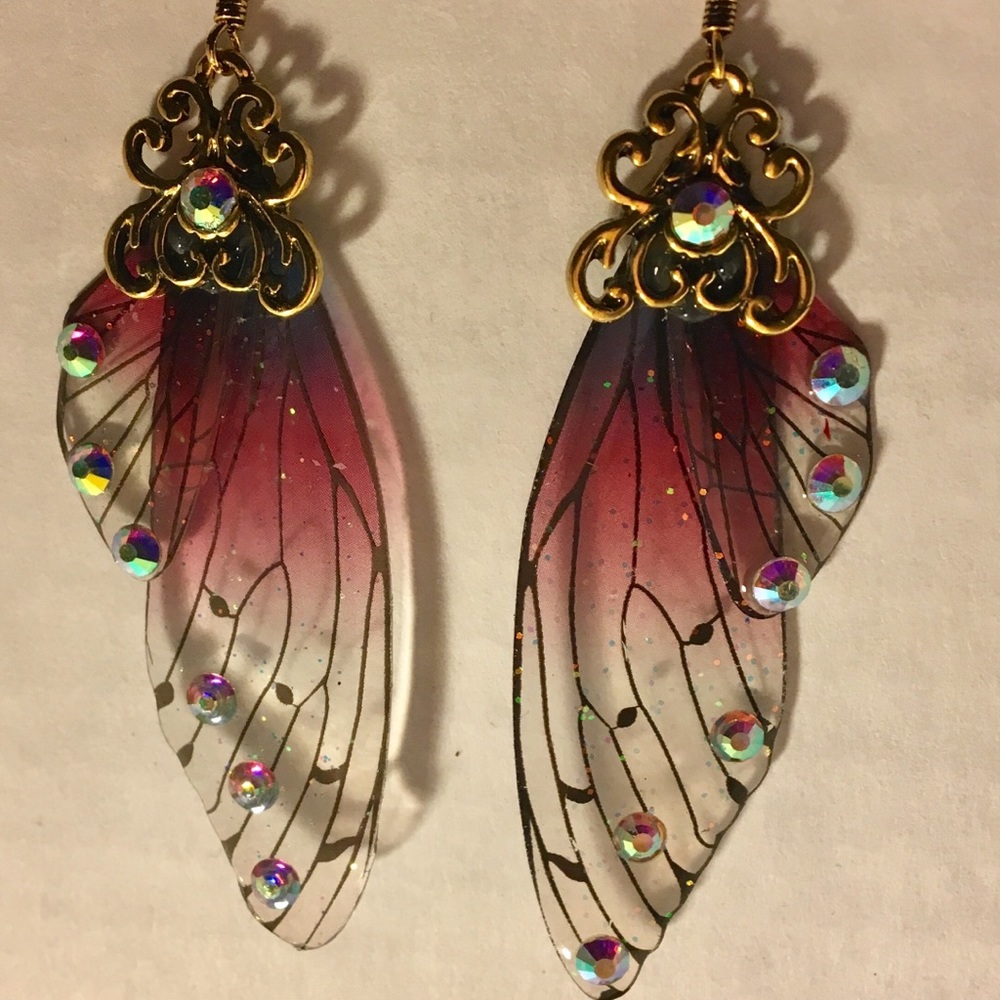 Butterfly Wing Fairy Earrings Gold Jeweled - Picture 8 of 8